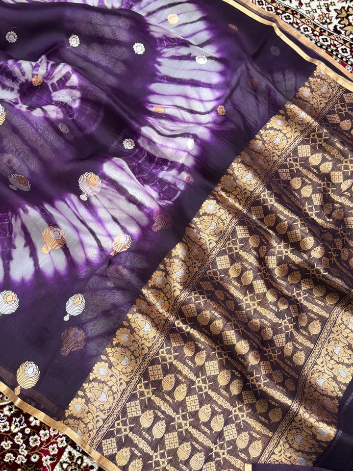 Dark Purple Color Pure Organza Handloom Banarasi Saree with Japanese Shibori Dye