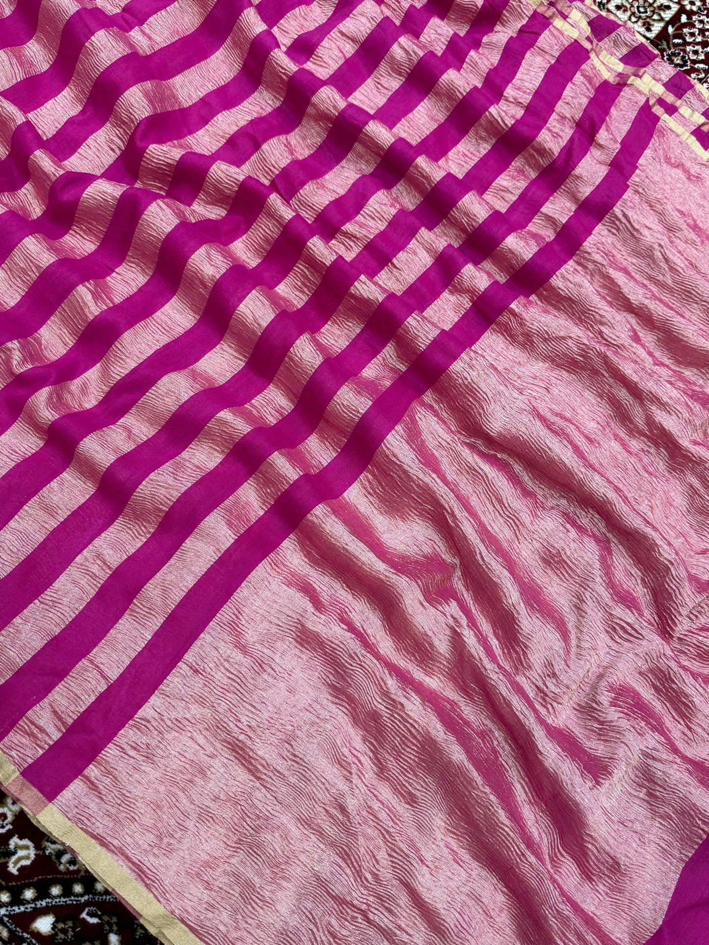 Rani Color Chiniya Tissue  Silk Banarasi Saree with Stripe Design