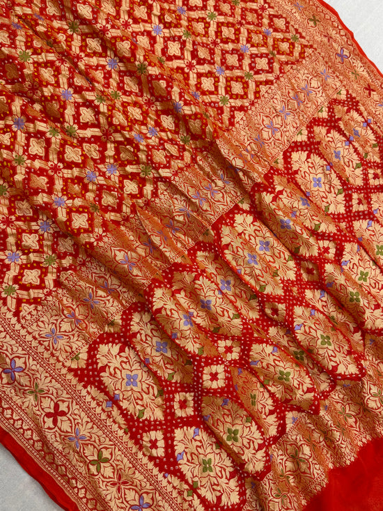 Pure Georgette Banarasi Bandhej Handloom Saree - Meenakari