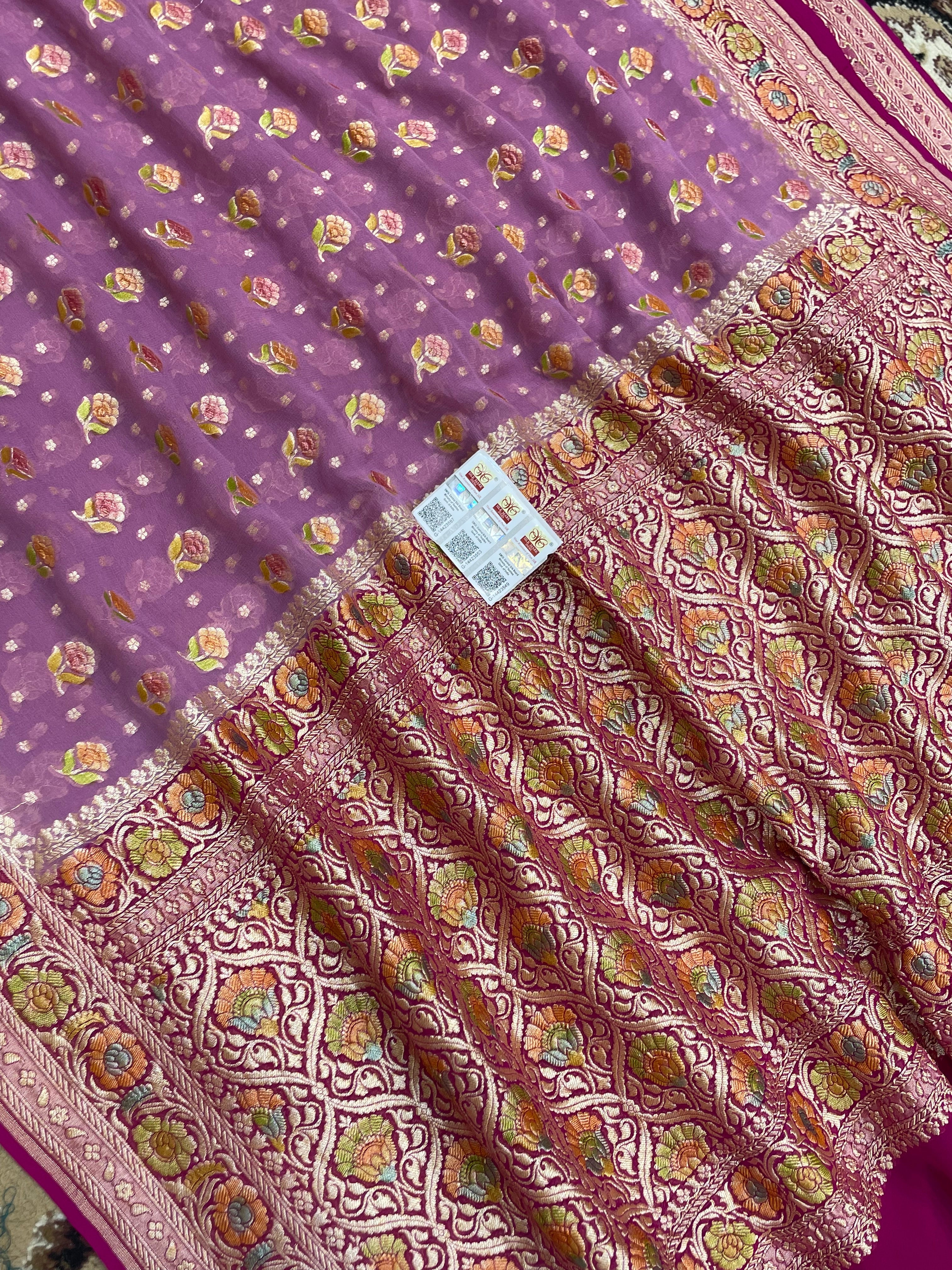 dusty Pink Khaddi Georgette Banarasi Saree - All Over Jaal Work with Meenakari