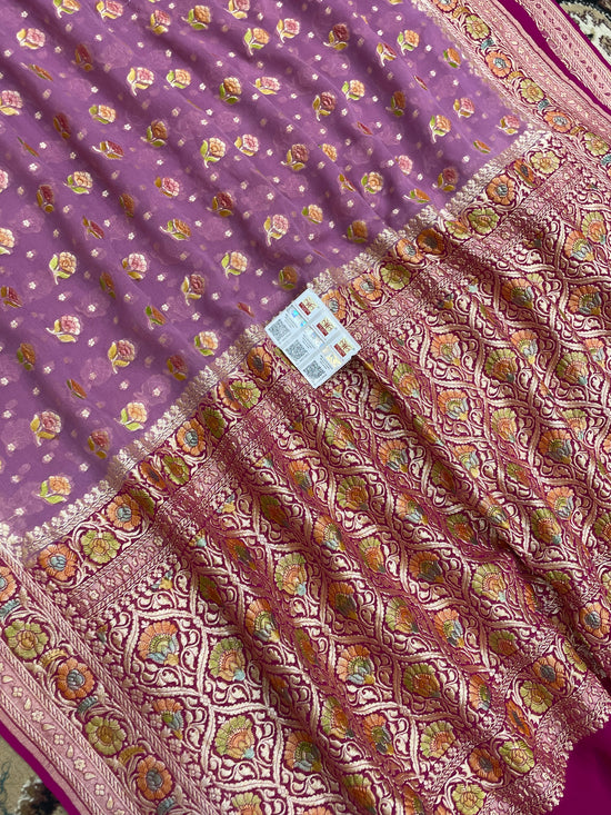dusty Pink Khaddi Georgette Banarasi Saree - All Over Jaal Work with Meenakari