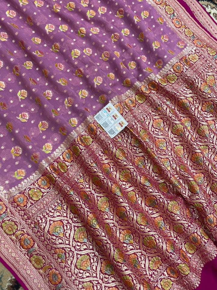 dusty Pink Khaddi Georgette Banarasi Saree - All Over Jaal Work with Meenakari