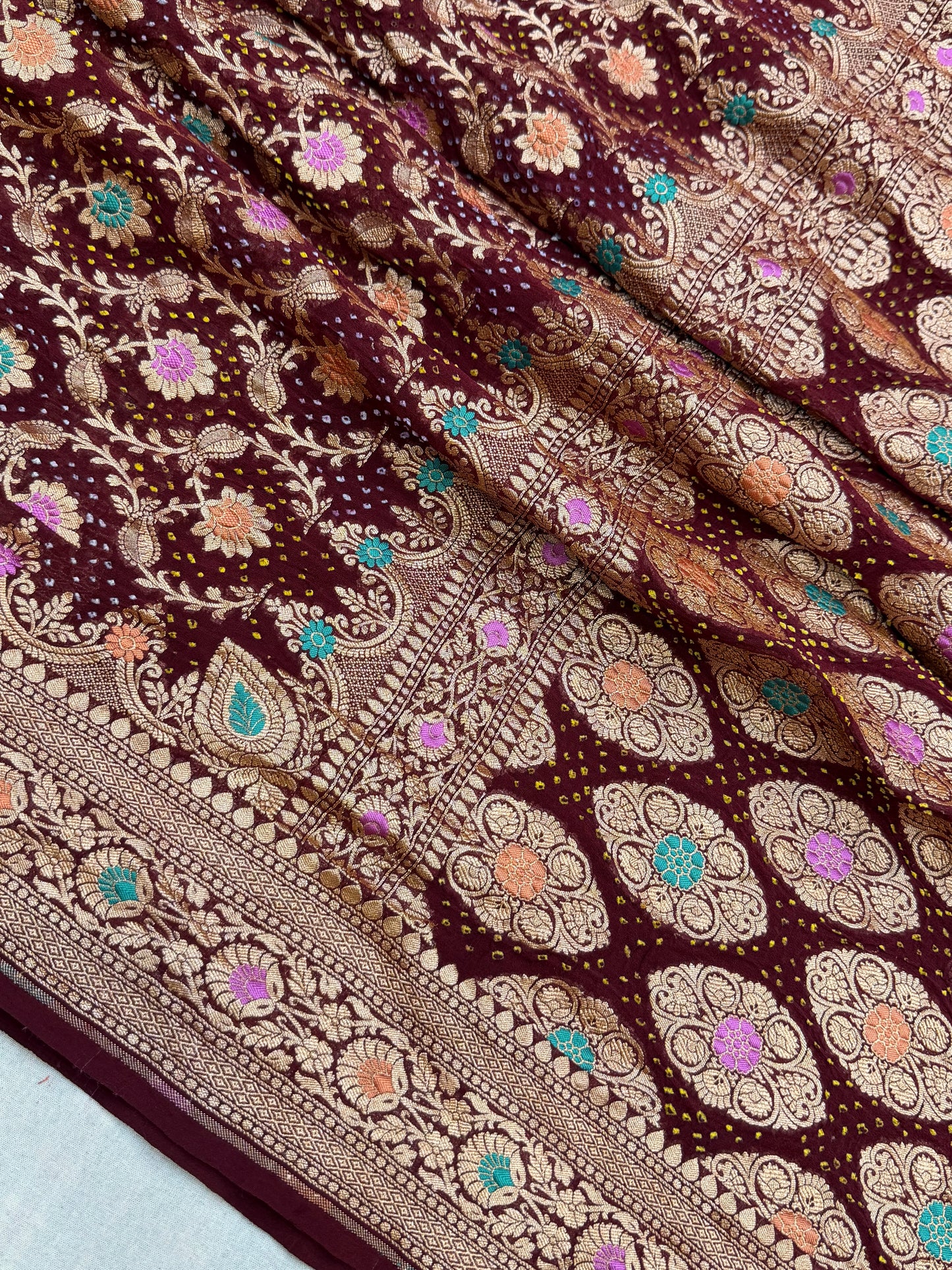 Pure Georgette Banarasi Bandhej Handloom Saree - Meenakari