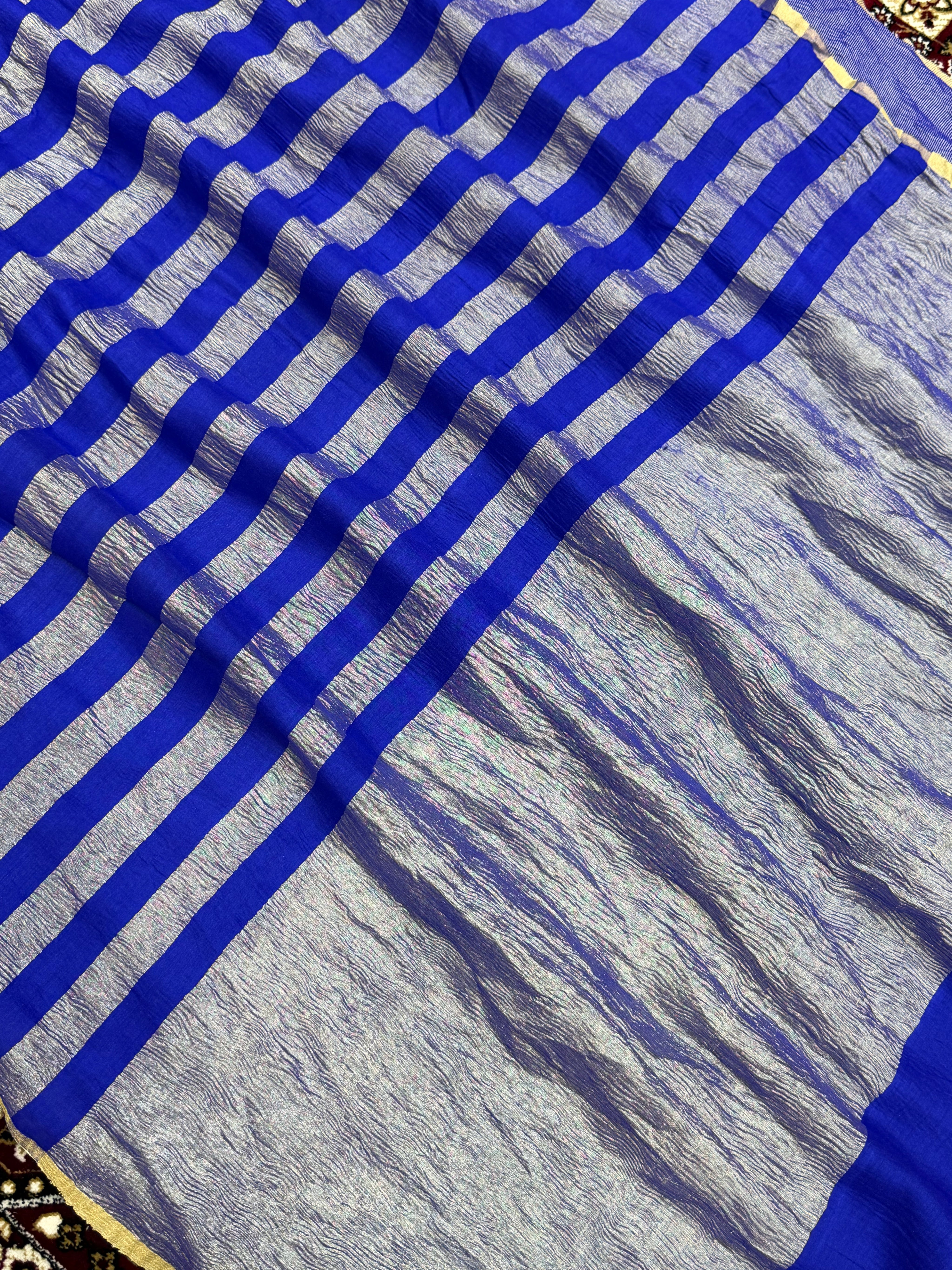 Royal Blue Color Chiniya Tissue  Silk Banarasi Saree with Stripe Design