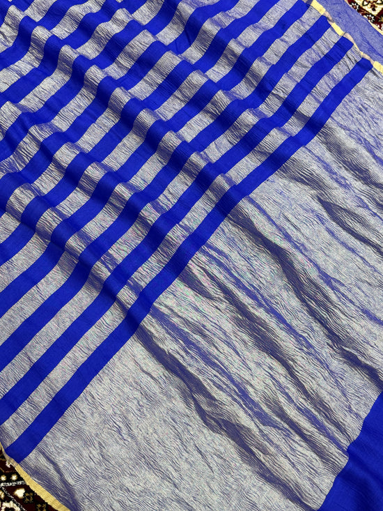 Royal Blue Color Chiniya Tissue  Silk Banarasi Saree with Stripe Design