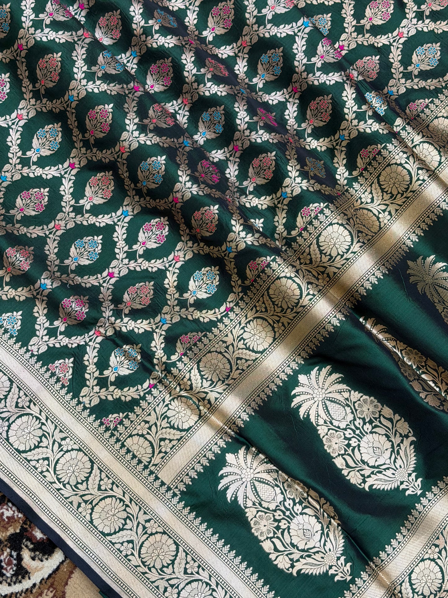 Bottle Green Pure Silk Handloom Banarasi Saree - All Over Tilfi Meenakari