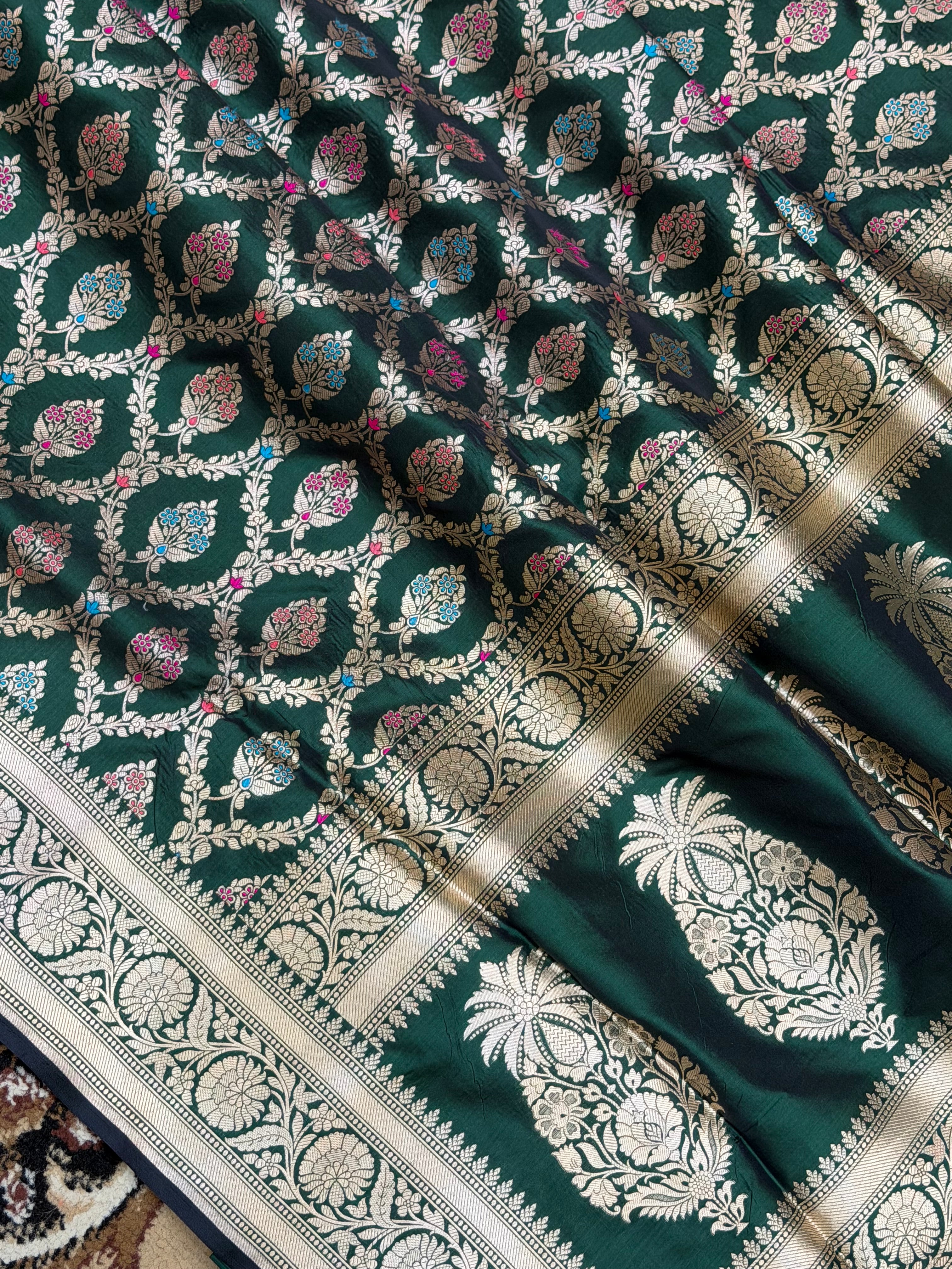 Bottle Green Pure Silk Handloom Banarasi Saree - All Over Tilfi Meenakari