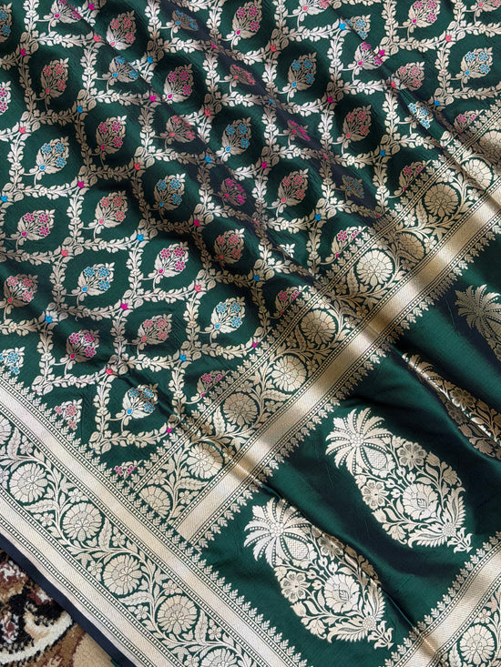 Bottle Green Pure Silk Handloom Banarasi Saree - All Over Tilfi Meenakari