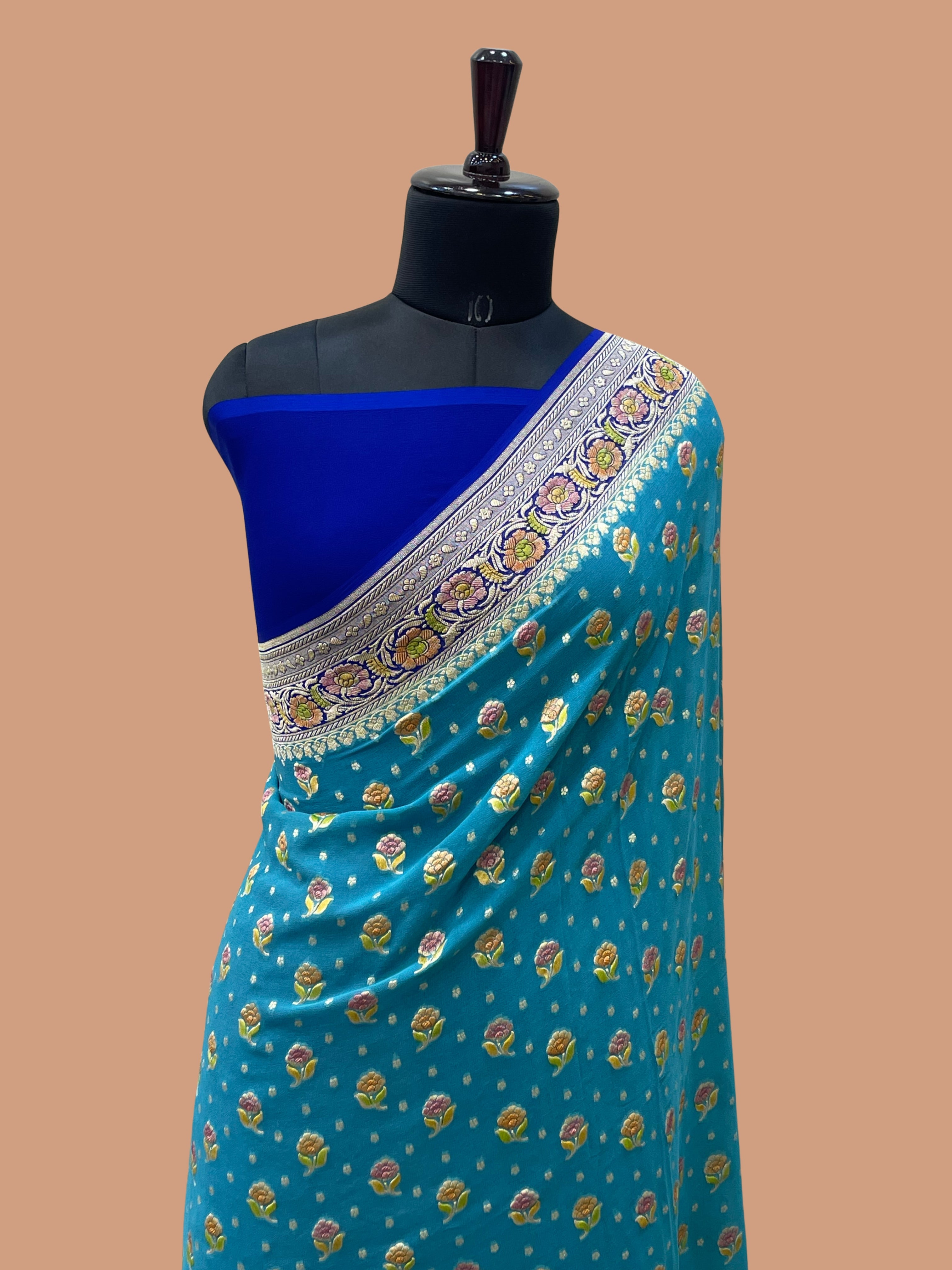 aqua Blue Color Khaddi Georgette Banarasi Saree - All Over Zari Buti Work with Meenakaria