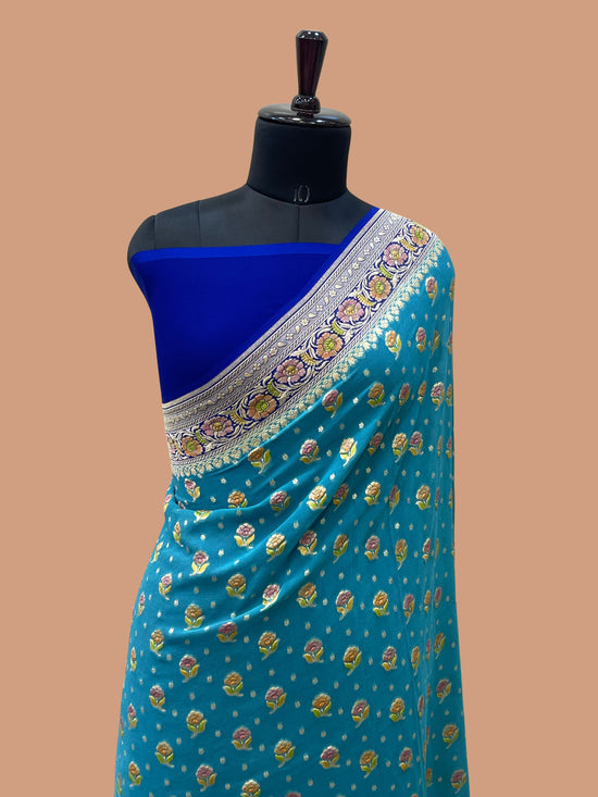 aqua Blue Color Khaddi Georgette Banarasi Saree - All Over Zari Buti Work with Meenakaria