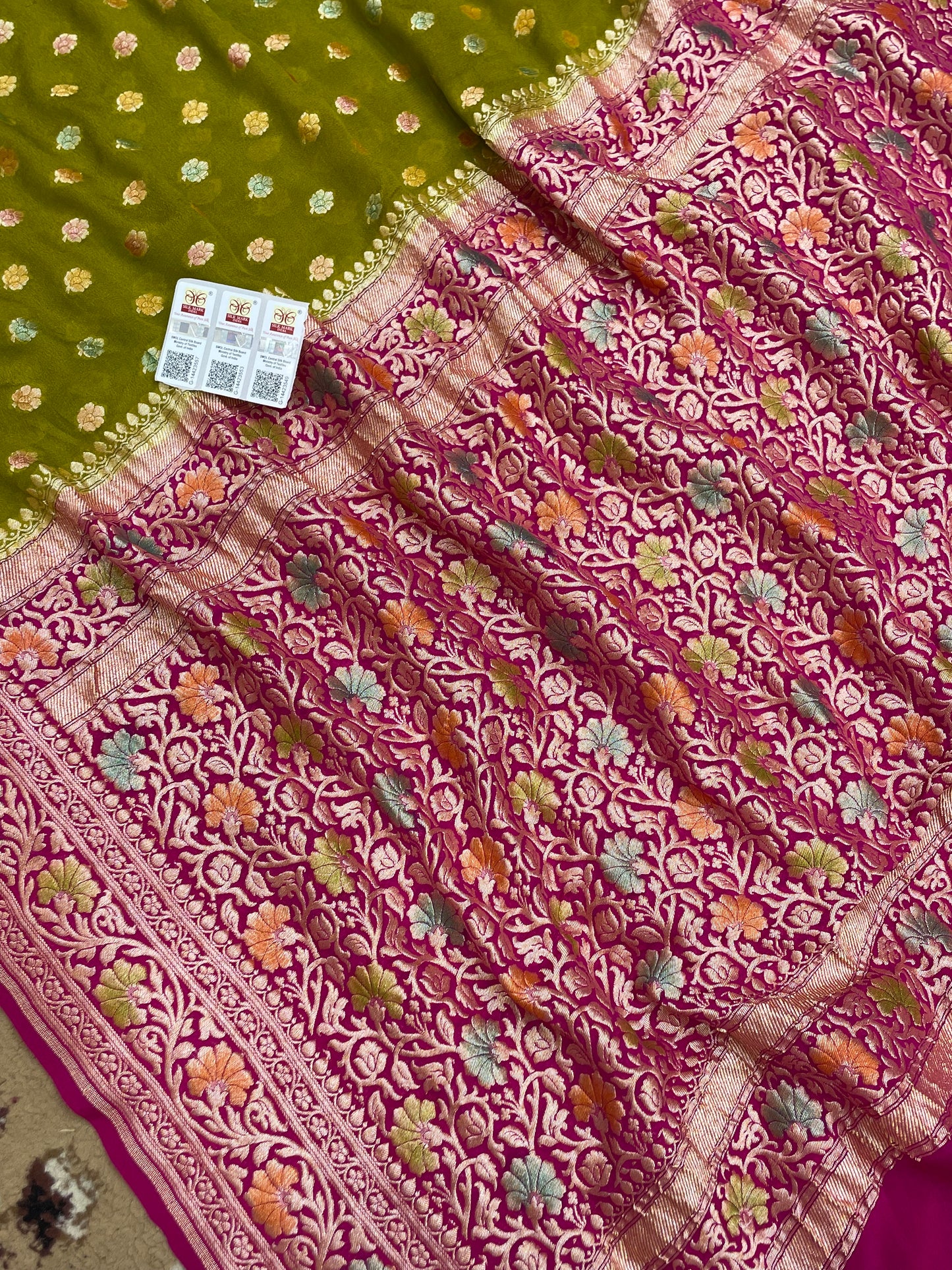 Mehandi Color Khaddi Georgette Banarasi Saree - All Over Jaal Work with Meenakari