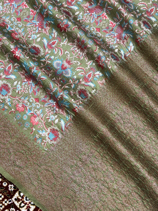 Pista Color Pure Raw Silk Handloom Banarasi Saree with Digital Print