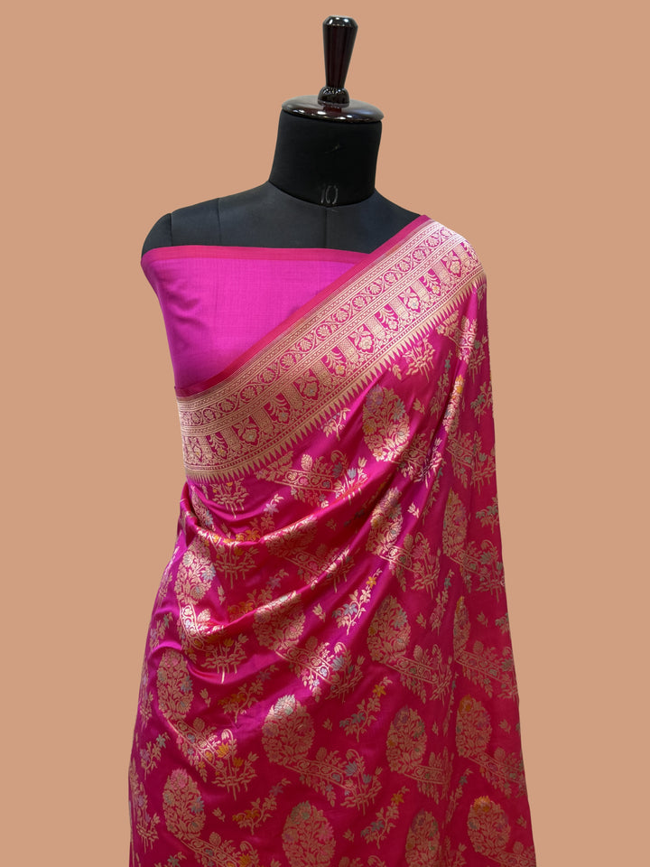 Rani Color Pure Silk Handloom Banarasi Saree - All Over Jaal Work with Meenakari