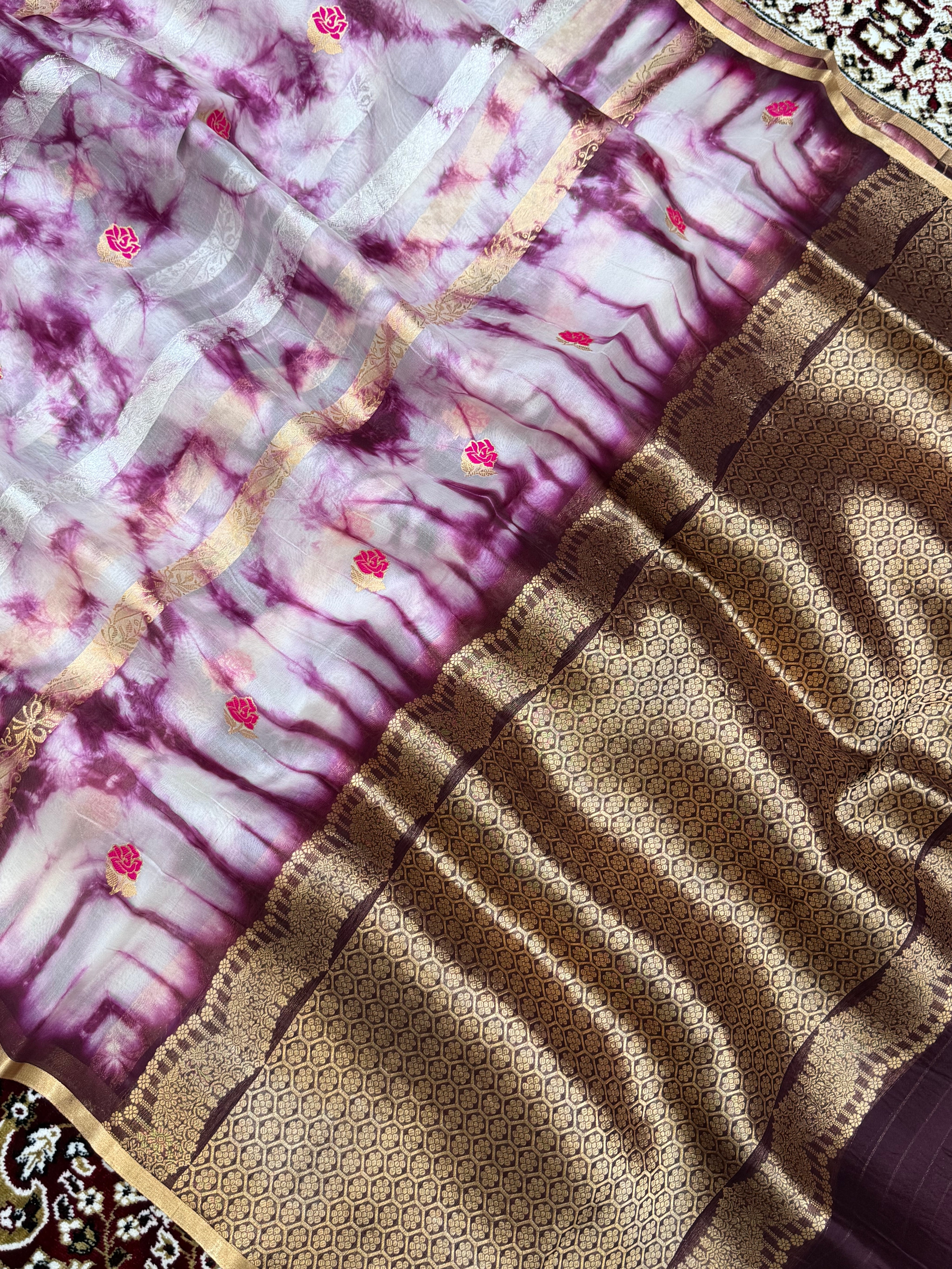 Wine Color Pure Organza Handloom Banarasi Saree with Japanese Shibori Dye