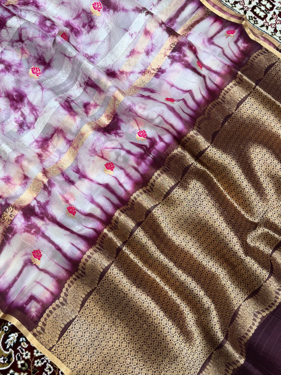 Wine Color Pure Organza Handloom Banarasi Saree with Japanese Shibori Dye