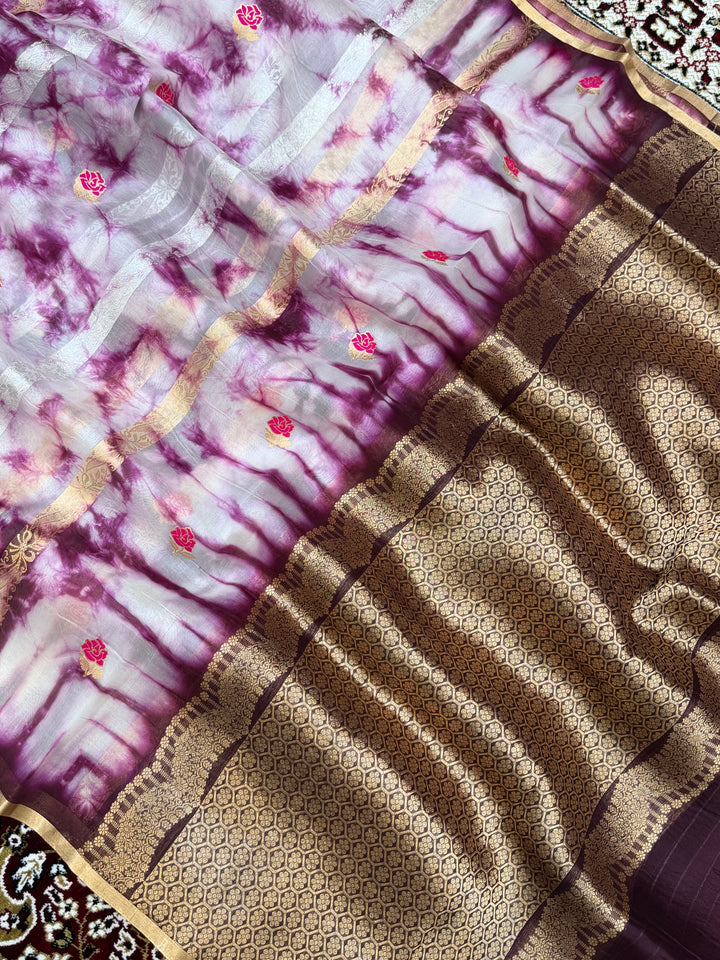Wine Color Pure Organza Handloom Banarasi Saree with Japanese Shibori Dye