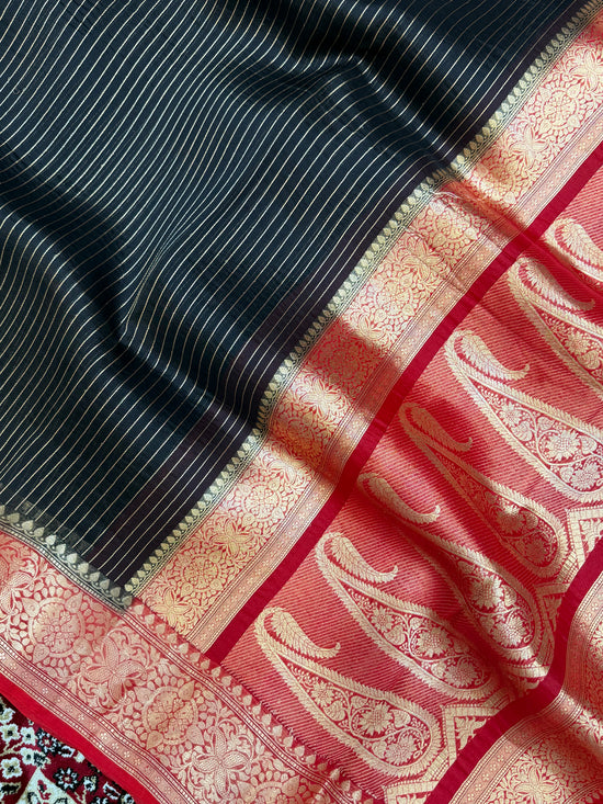 Black Color Pure Organza Handloom Banarasi Saree - All Over Stripe Design