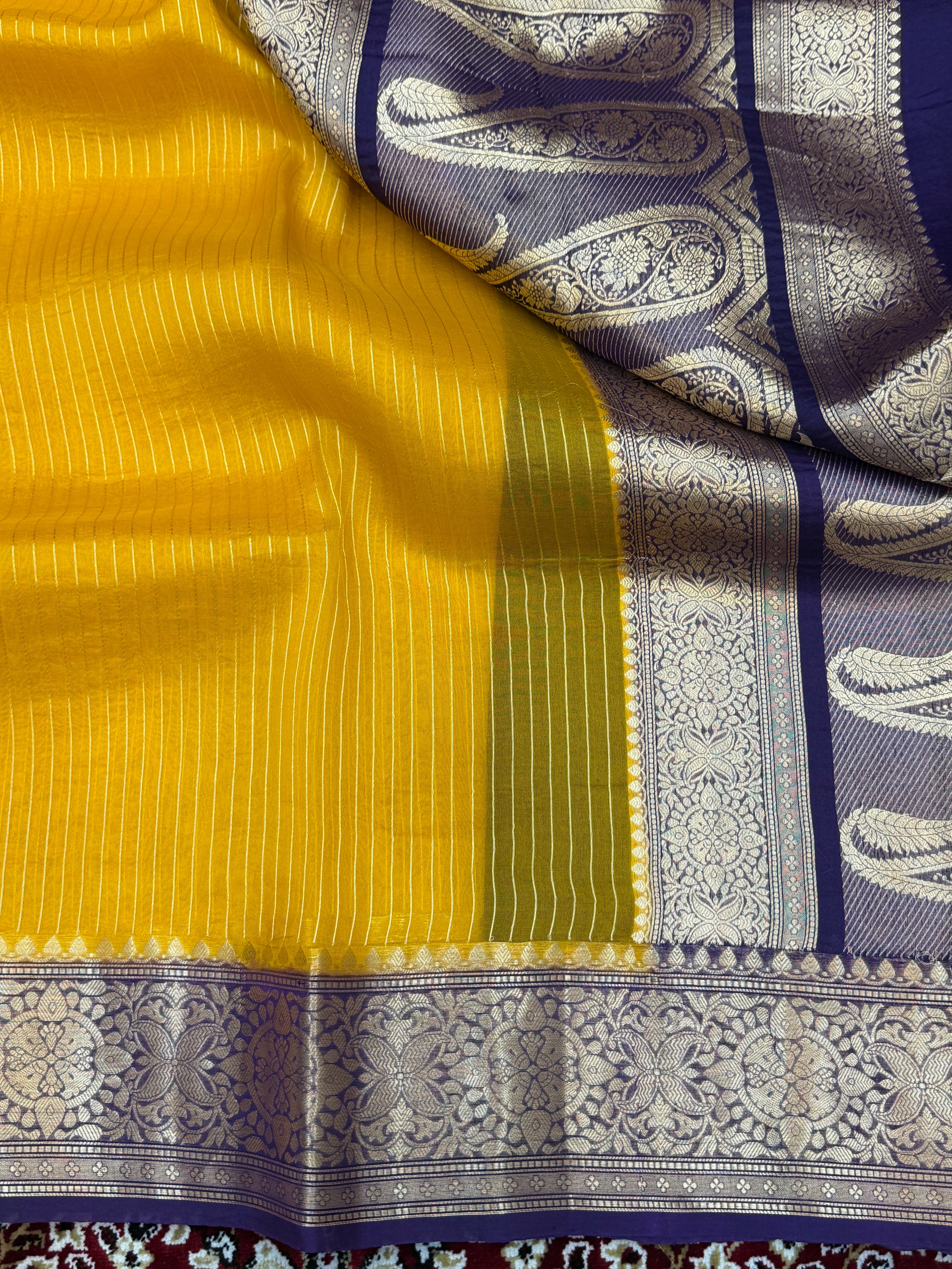 Yellow Color Pure Organza Handloom Banarasi Saree - All Over Stripe Design