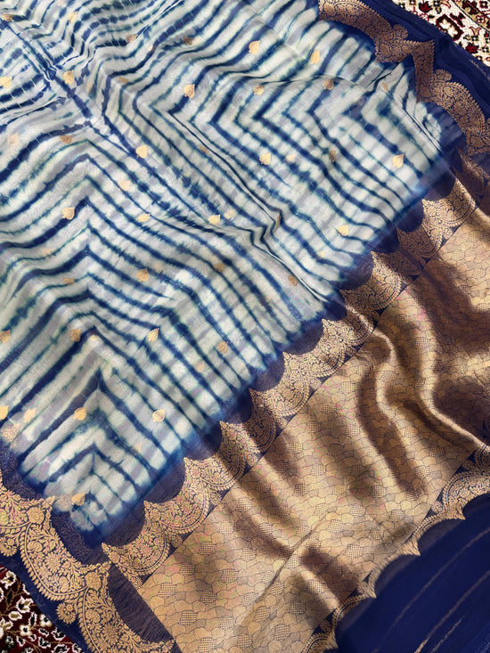 Teal Green Color Pure Organza Handloom Banarasi Saree with Japanese Shibori Dye