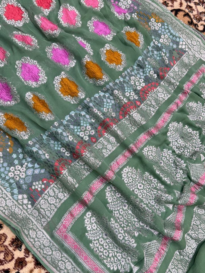 Sea Green Color Khaddi Georgette Banarasi Saree - All Over Buta Work wit Meenakari
