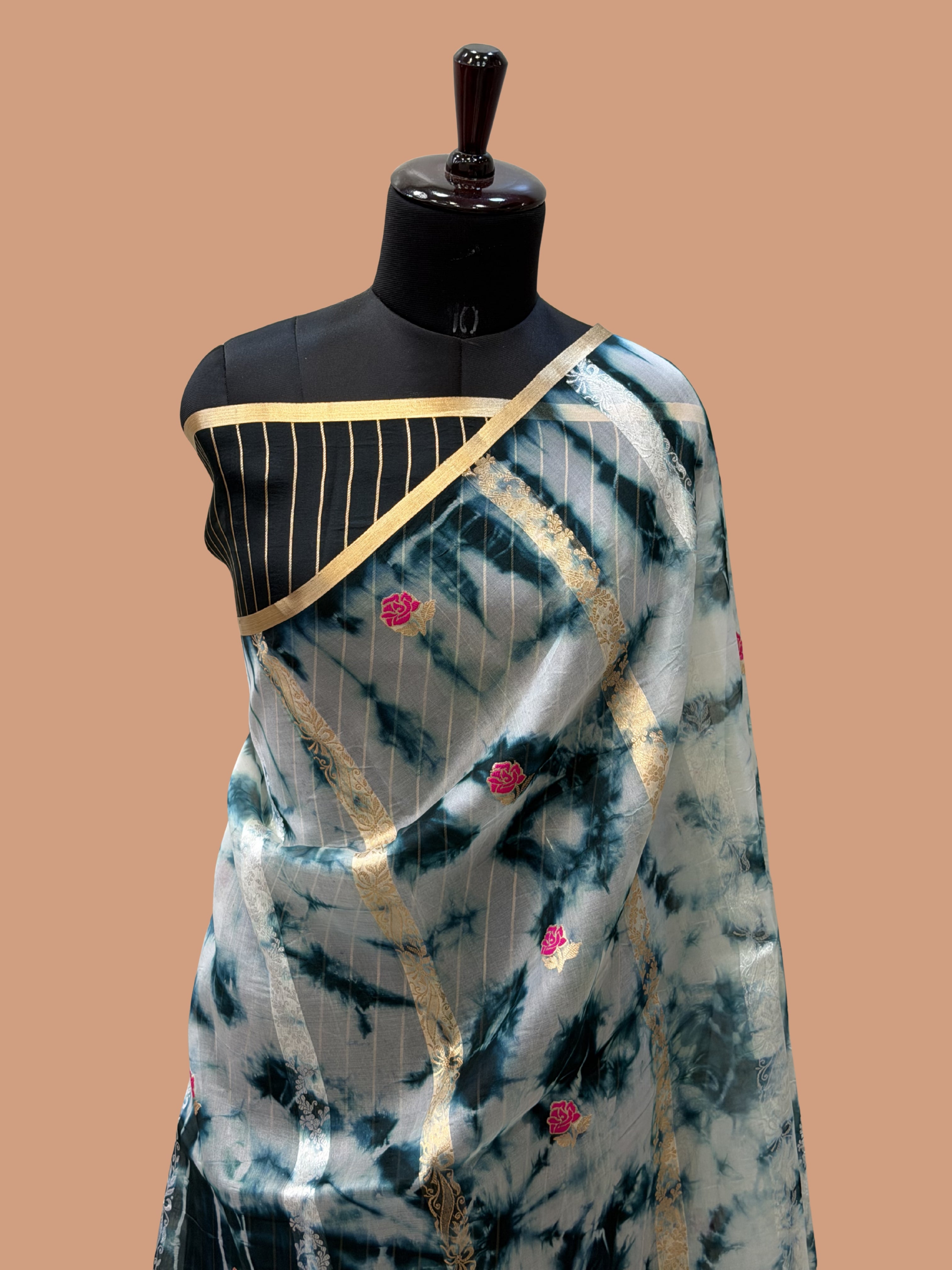Teal Green Color Pure Organza Handloom Banarasi Saree with Japanese Shibori Dye