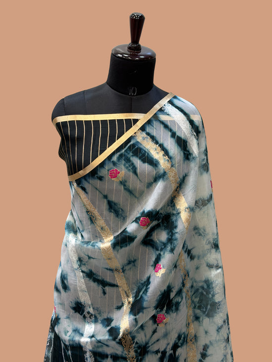 Teal Green Color Pure Organza Handloom Banarasi Saree with Japanese Shibori Dye