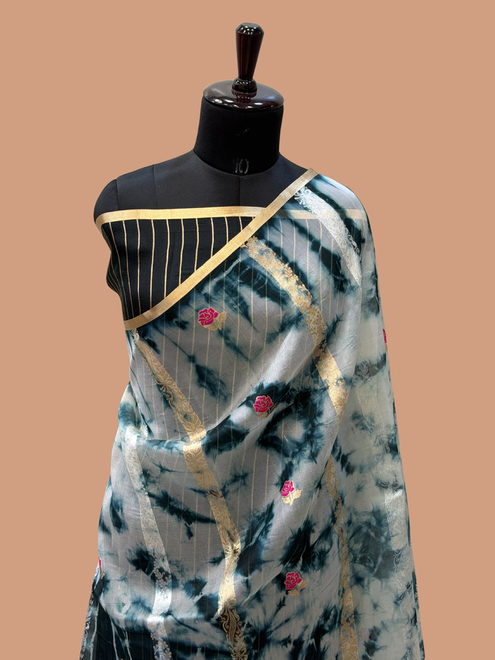 Teal Green Color Pure Organza Handloom Banarasi Saree with Japanese Shibori Dye