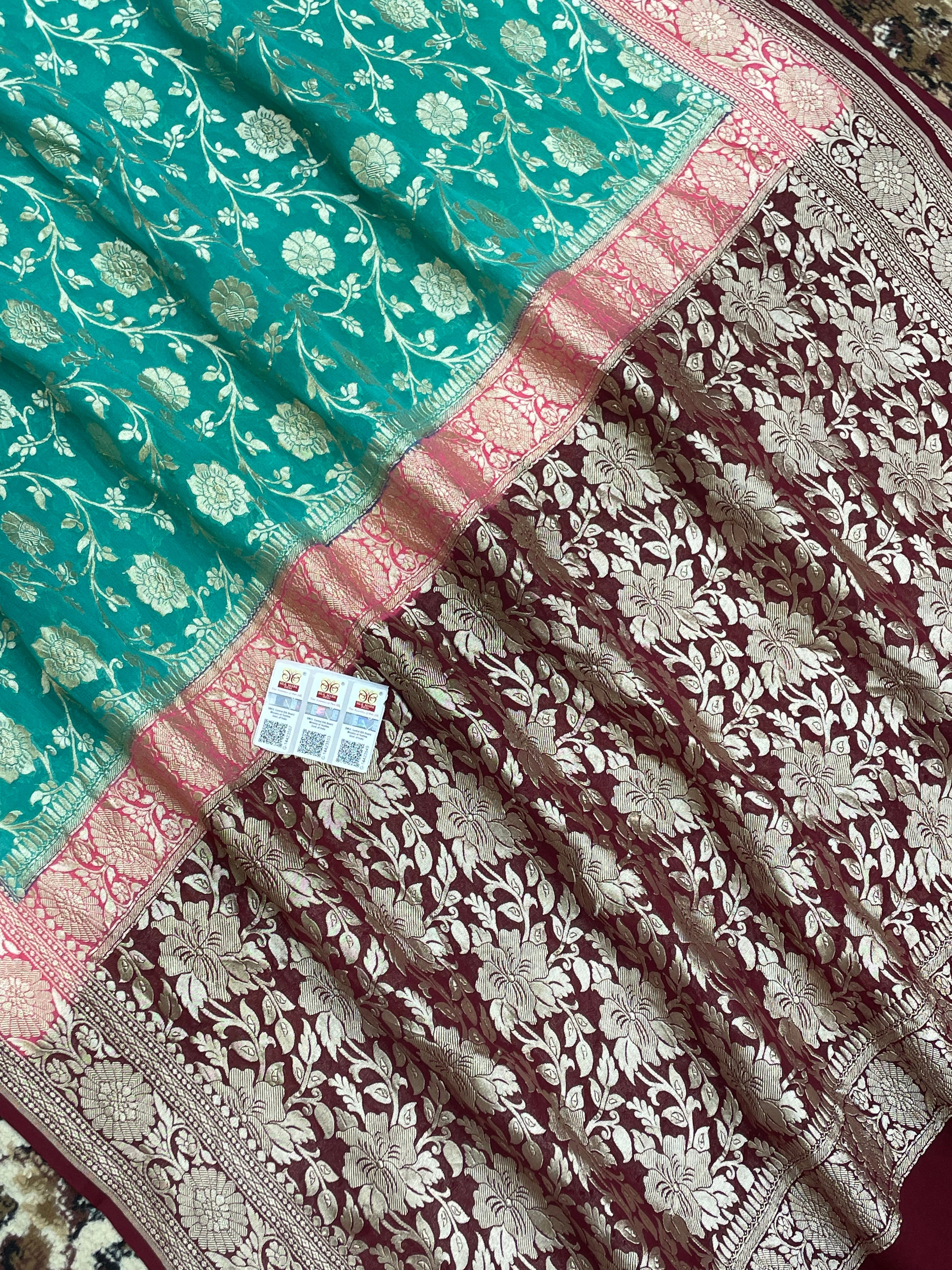 Sea Green Color Khaddi Georgette Banarasi Saree - All over Jaal work with Water zari