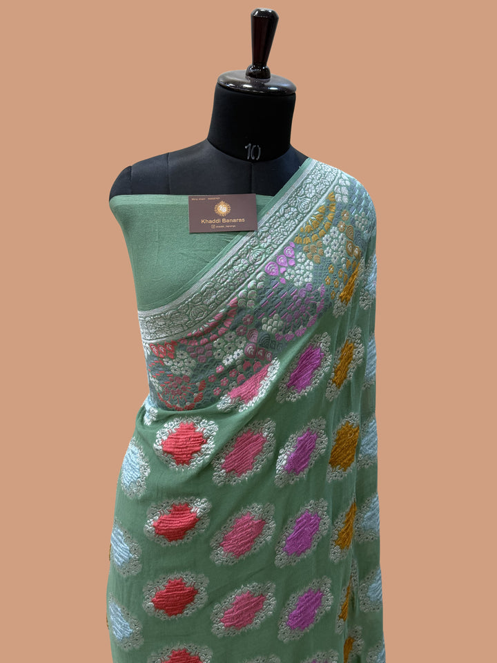 Sea Green Color Khaddi Georgette Banarasi Saree - All Over Buta Work wit Meenakari