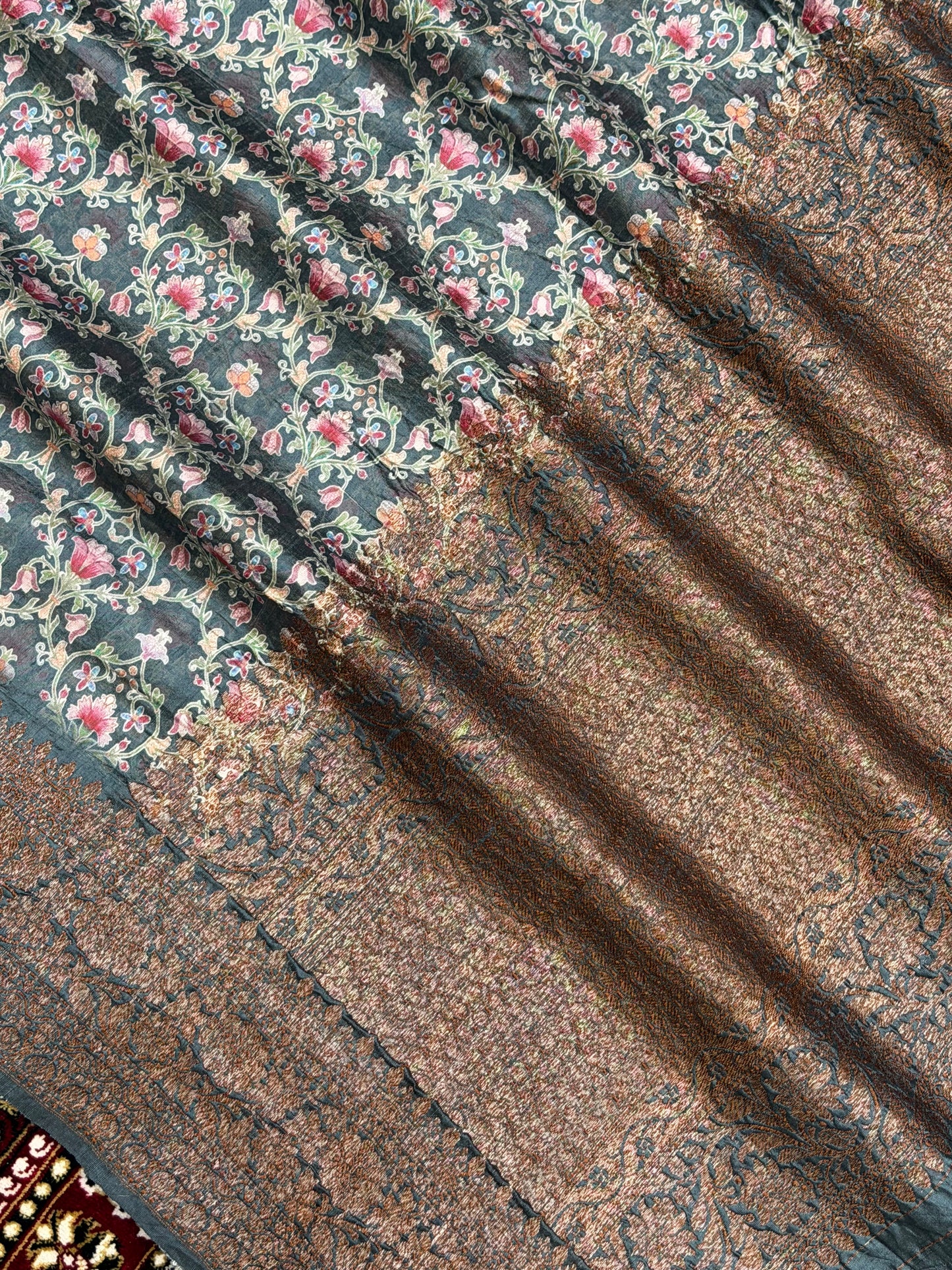 Grey Color Pure Raw Silk Handloom Banarasi Saree with Digital Print