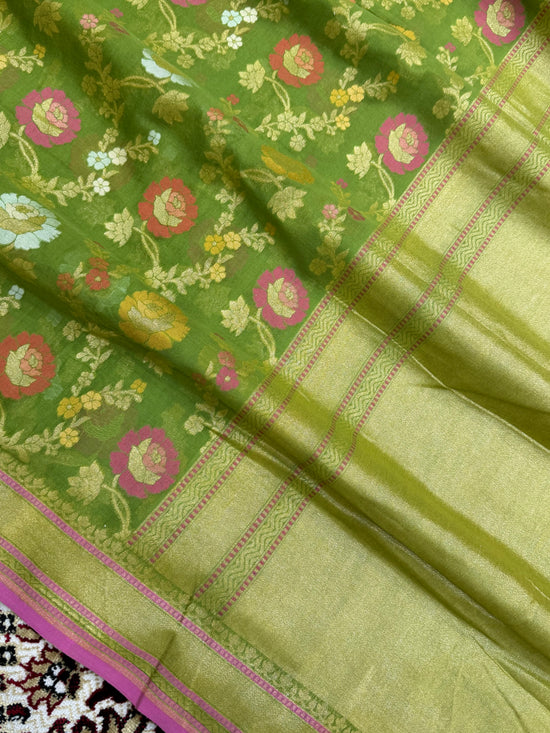 Green Color Cotton Jamdani Banarasi Saree