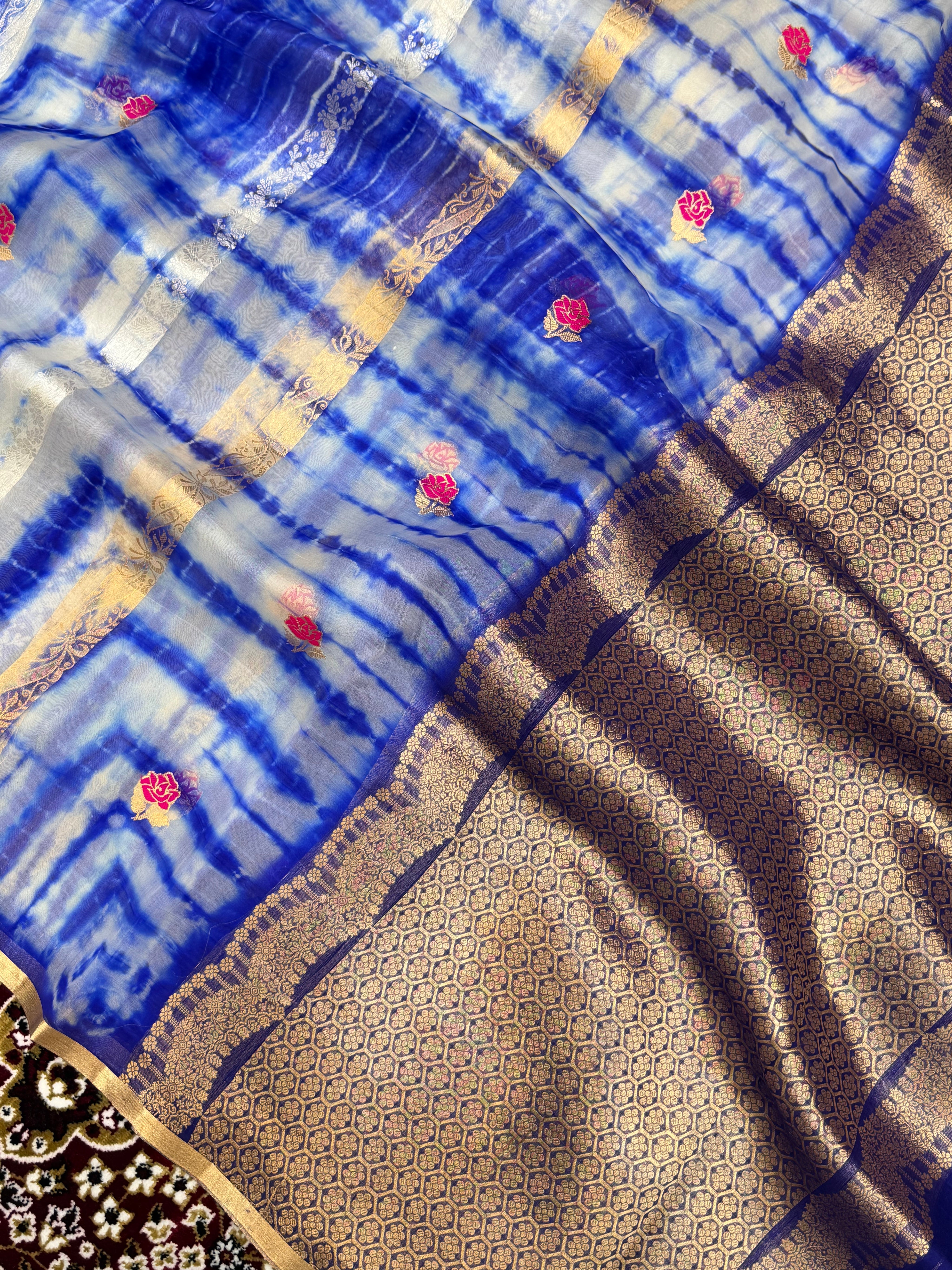 Royal Blue Color Pure Organza Handloom Banarasi Saree with Japanese Shibori Dye