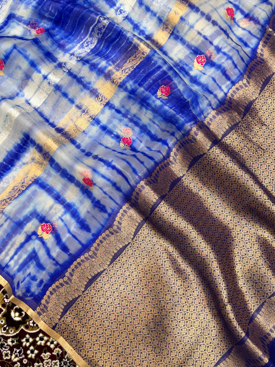 Royal Blue Color Pure Organza Handloom Banarasi Saree with Japanese Shibori Dye