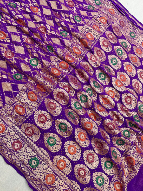 Pure Georgette Banarasi Bandhej Handloom Saree - Meenakari