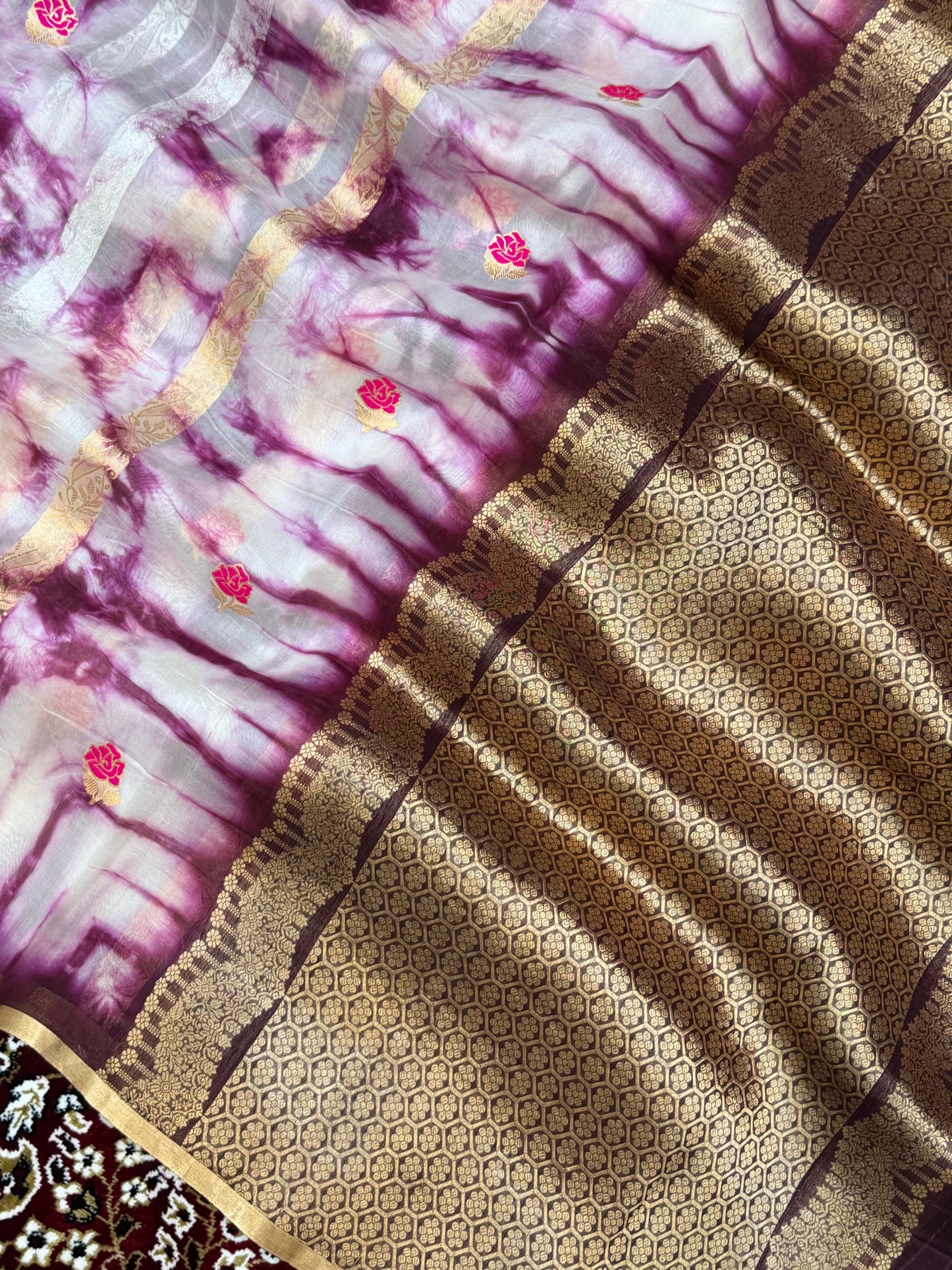 Wine Color Pure Organza Handloom Banarasi Saree with Japanese Shibori Dye