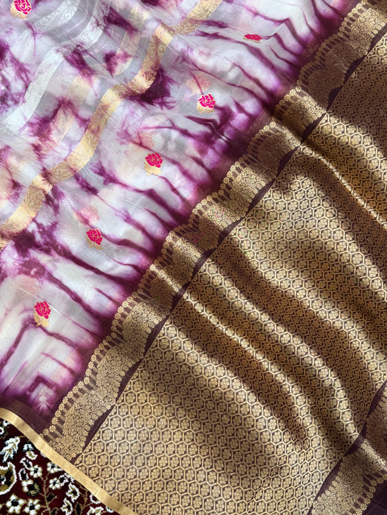 Wine Color Pure Organza Handloom Banarasi Saree with Japanese Shibori Dye