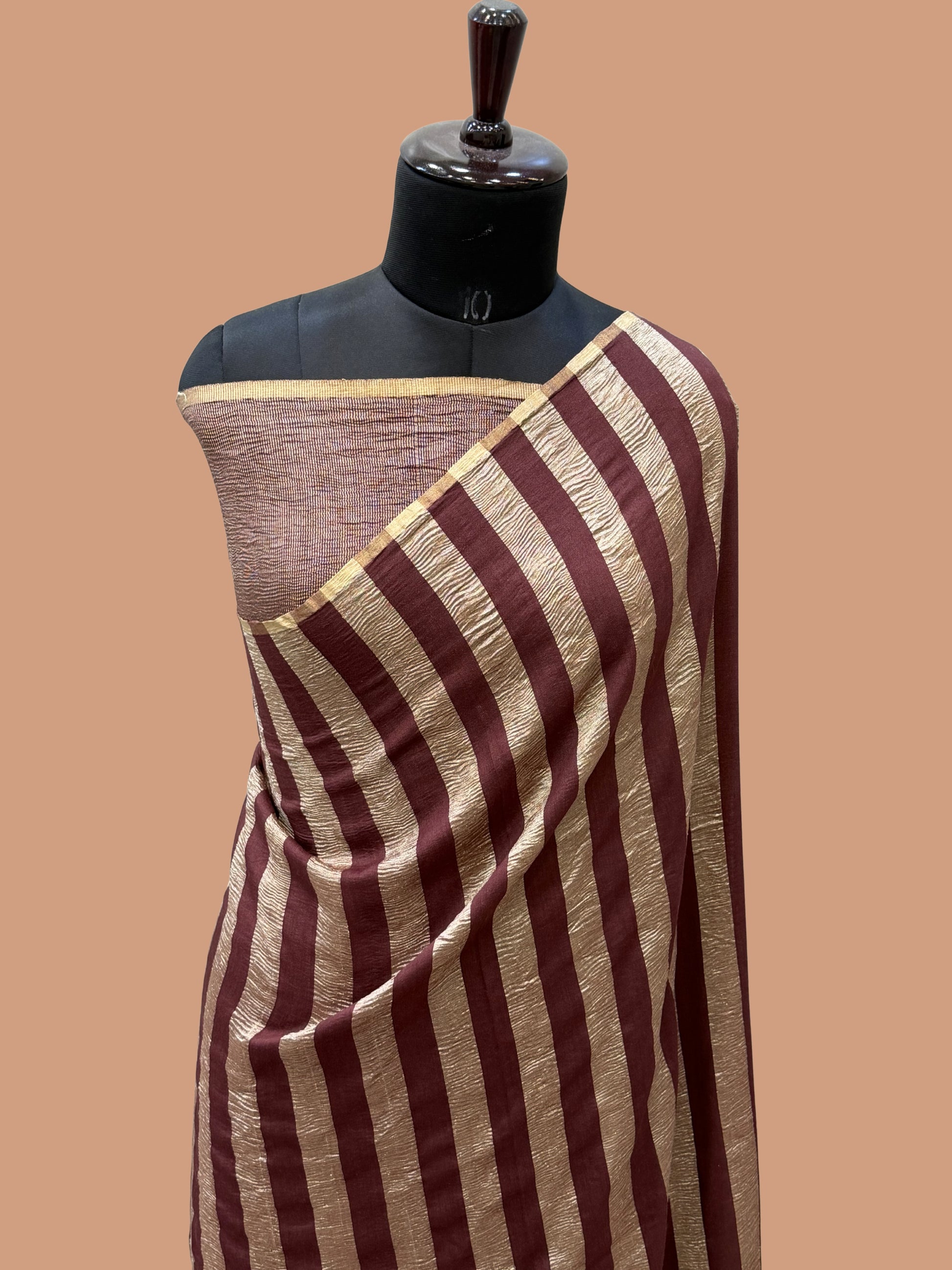 Dark Wine Color Chiniya Tissue  Silk Banarasi Saree with Stripe Design