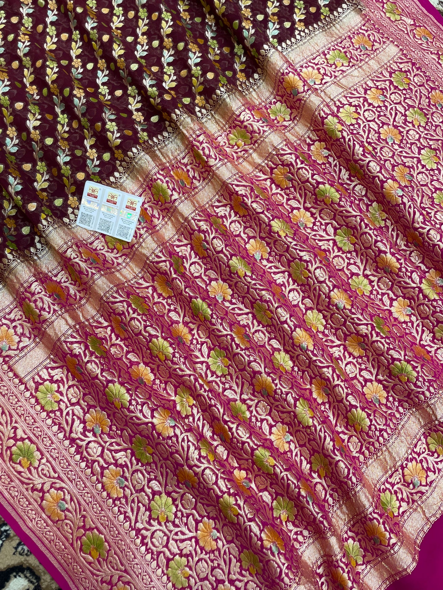 Wine Color Khaddi Georgette Banarasi Saree - All Over Jaal Work with Meenakari