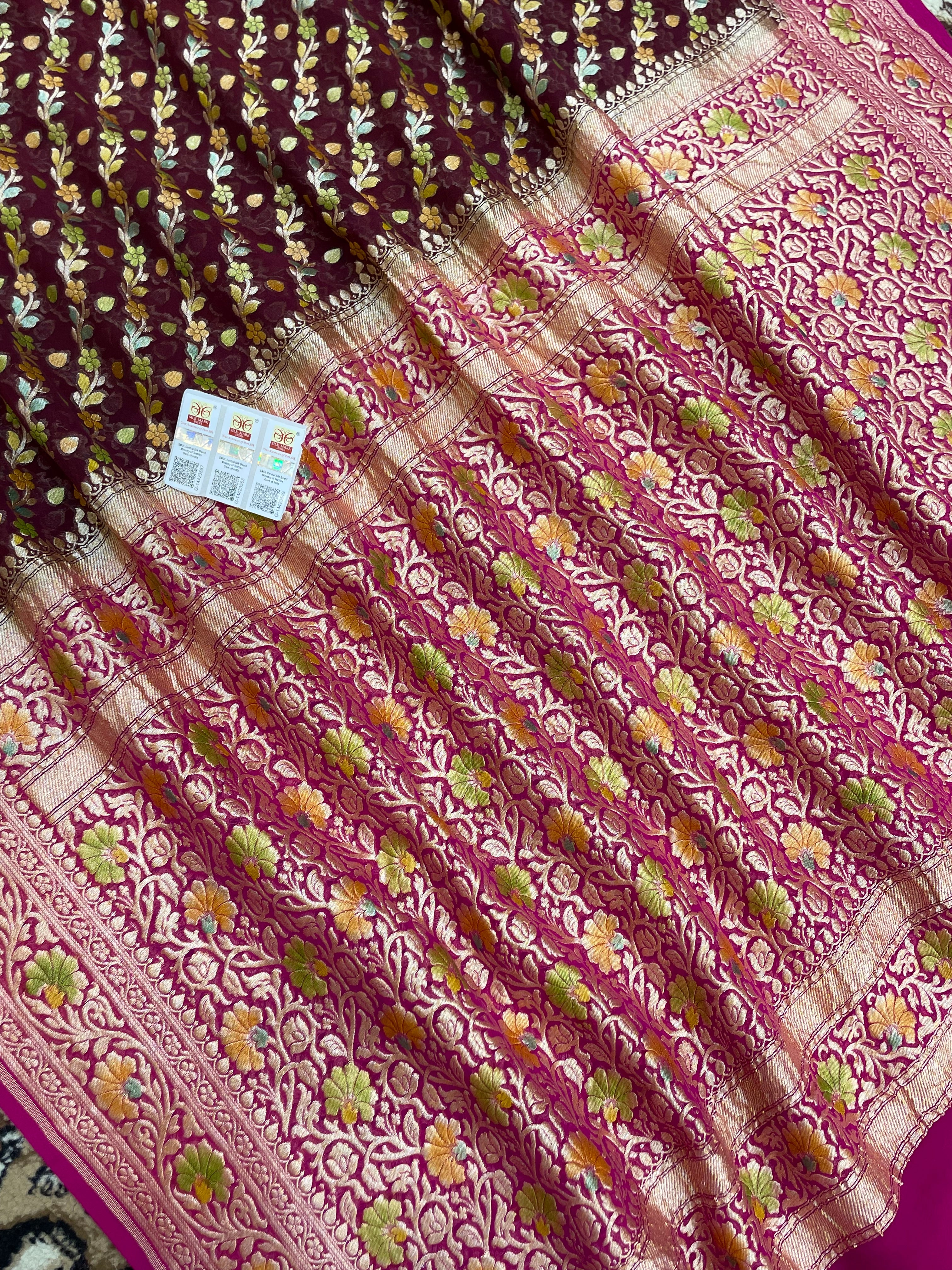 Wine Color Khaddi Georgette Banarasi Saree - All Over Jaal Work with Meenakari