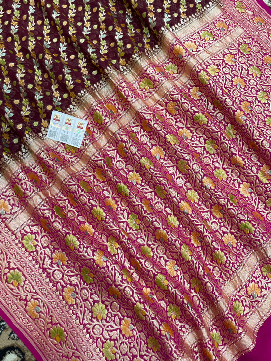 Wine Color Khaddi Georgette Banarasi Saree - All Over Jaal Work with Meenakari