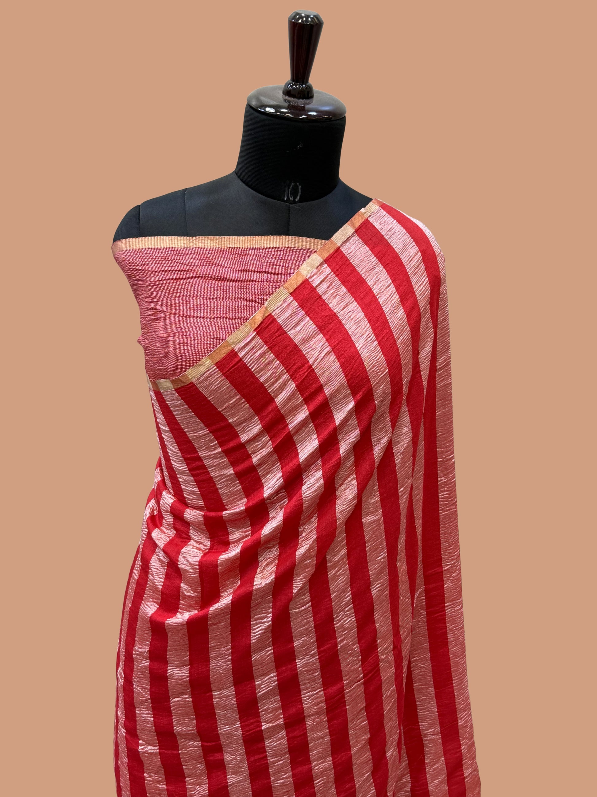 Chery Color Chiniya Tissue  Silk Banarasi Saree with Stripe Design