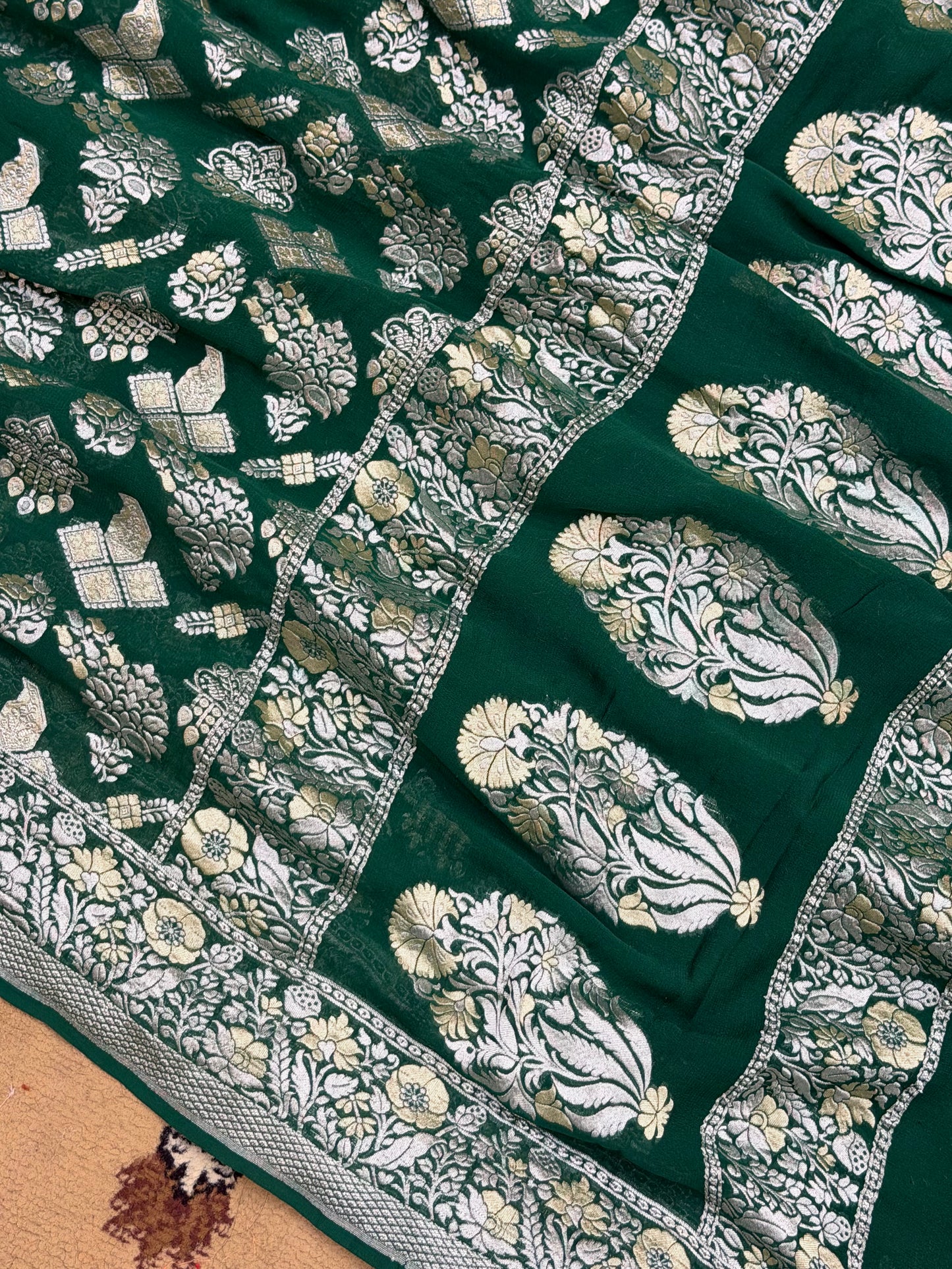 Green Color Khaddi Georgette Banarasi Saree - All Over Silver Jari Work
