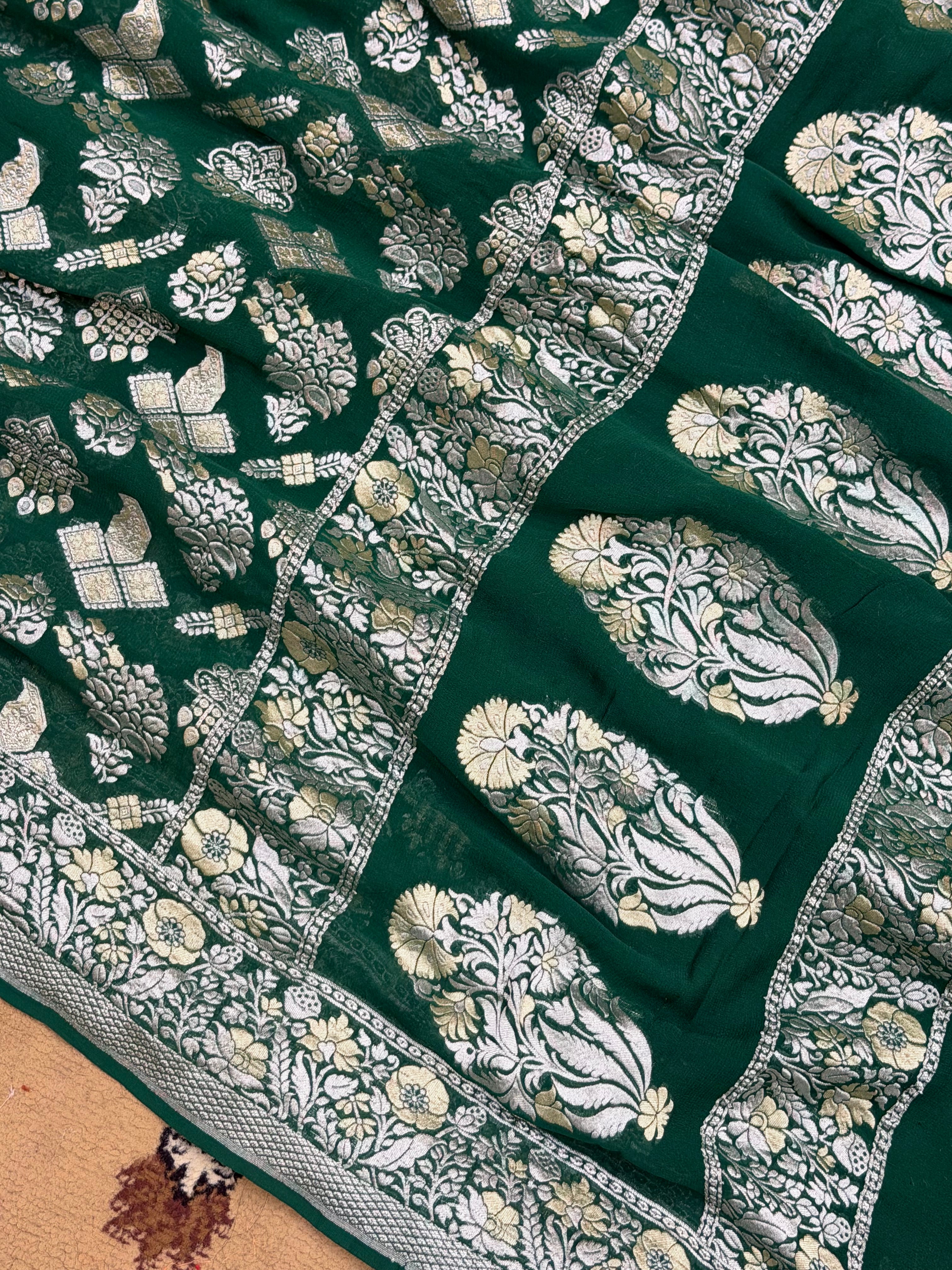 Green Color Khaddi Georgette Banarasi Saree - All Over Silver Jari Work