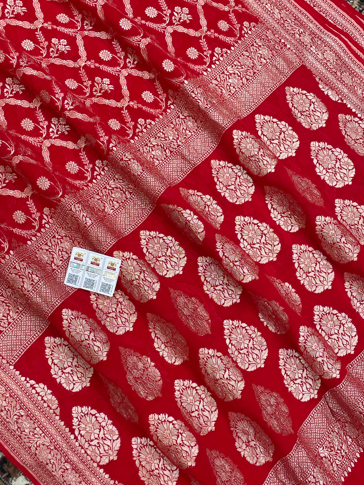 Red Color Khaddi Georgette Banarasi Saree - All Over Jaal Work with Water zari