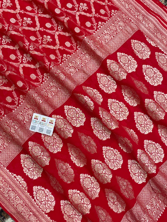 Red Color Khaddi Georgette Banarasi Saree - All Over Jaal Work with Water zari
