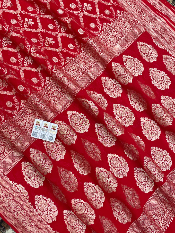 Red Color Khaddi Georgette Banarasi Saree - All Over Jaal Work with Water zari
