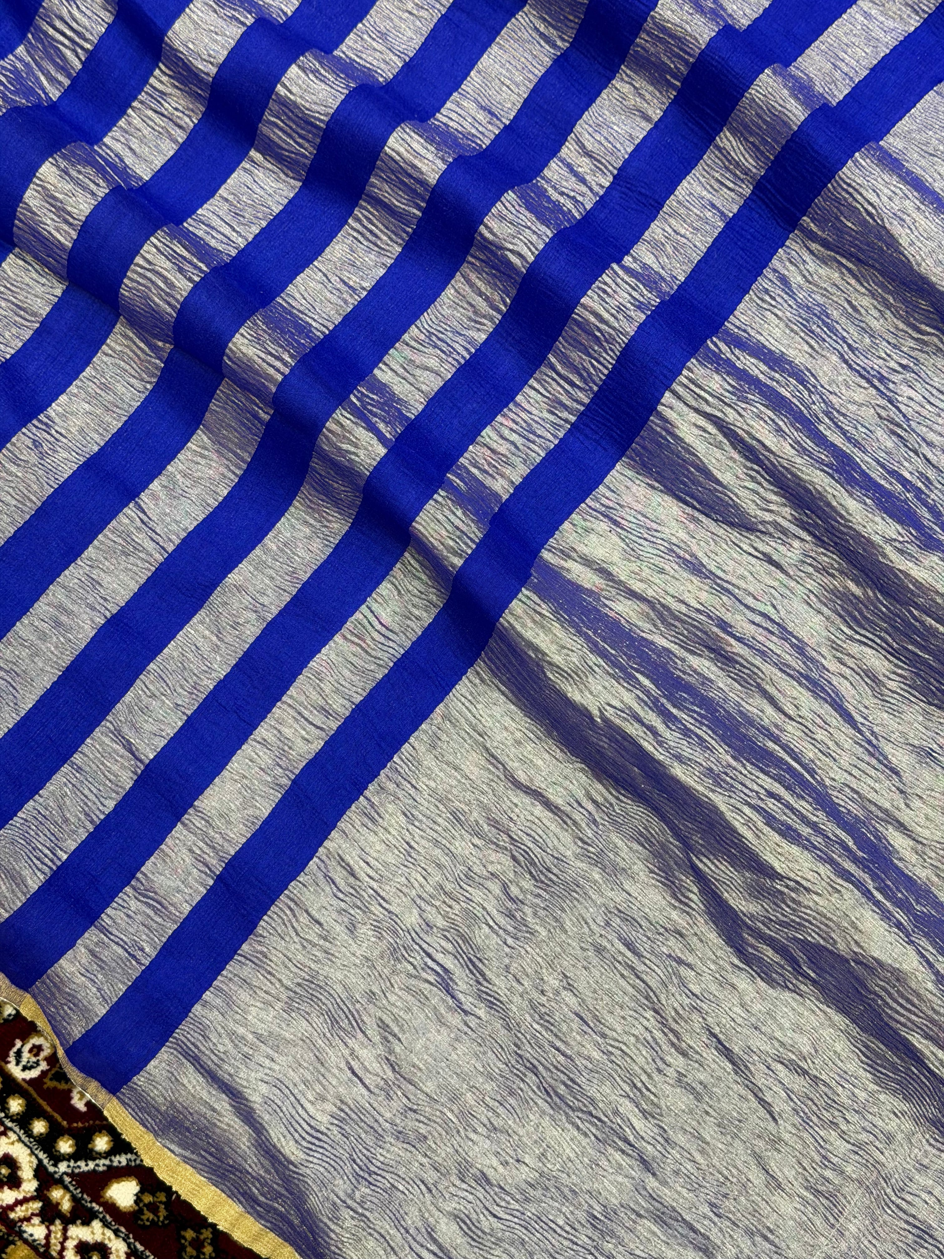 Royal Blue Color Chiniya Tissue  Silk Banarasi Saree with Stripe Design