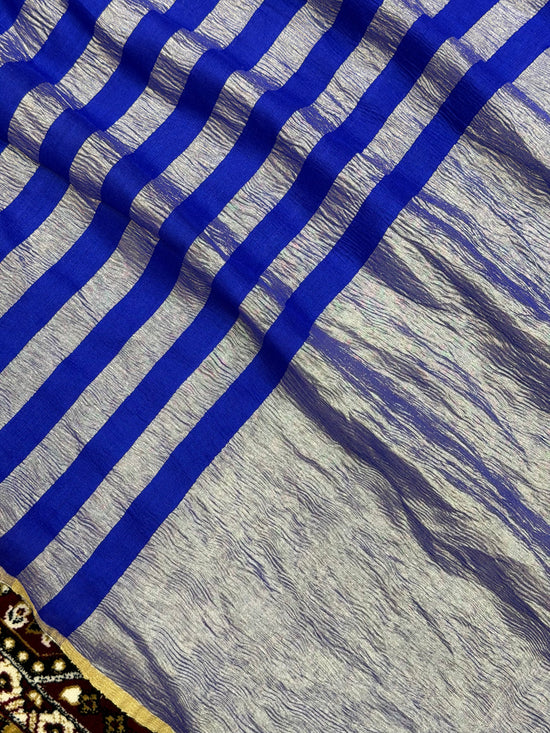 Royal Blue Color Chiniya Tissue  Silk Banarasi Saree with Stripe Design