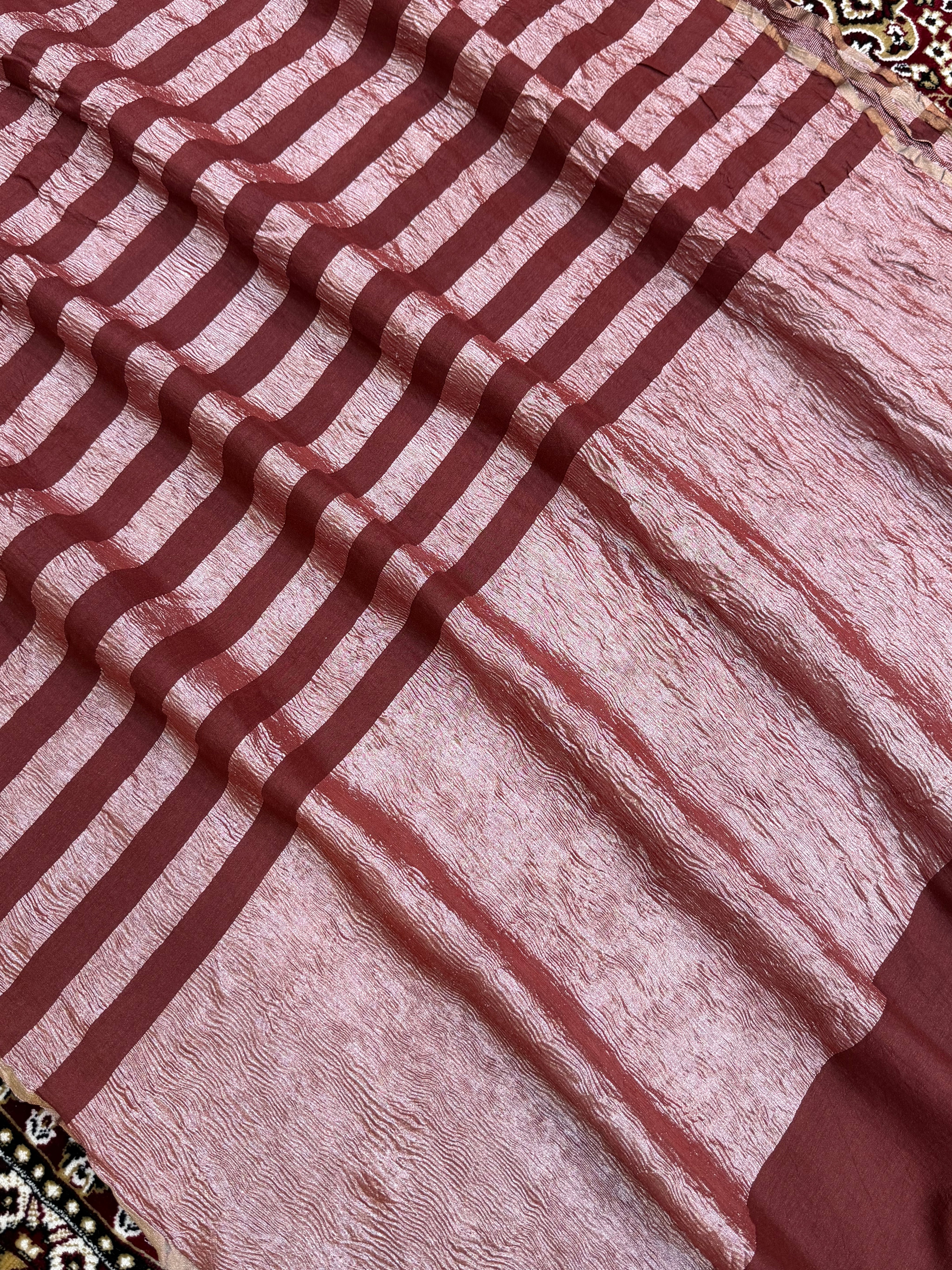 Maroon Color Chiniya Tissue  Silk Banarasi Saree with Stripe Design