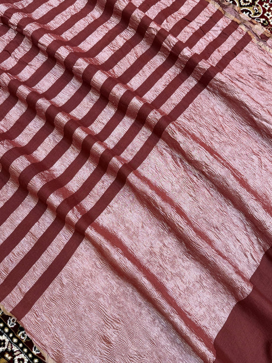 Maroon Color Chiniya Tissue  Silk Banarasi Saree with Stripe Design